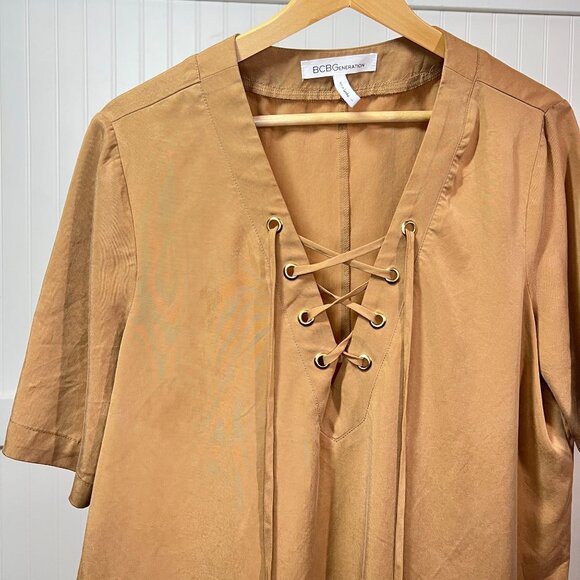 BCBGeneration Brown Shift Dress Lace Up Neck Pockets Short Sleeve Lyocell - Picture 1 of 8
